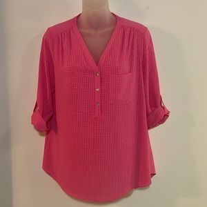 Kaari Blue Blouse Women's Size M Pink Lightweight Windowpane Roll Up Sleeve